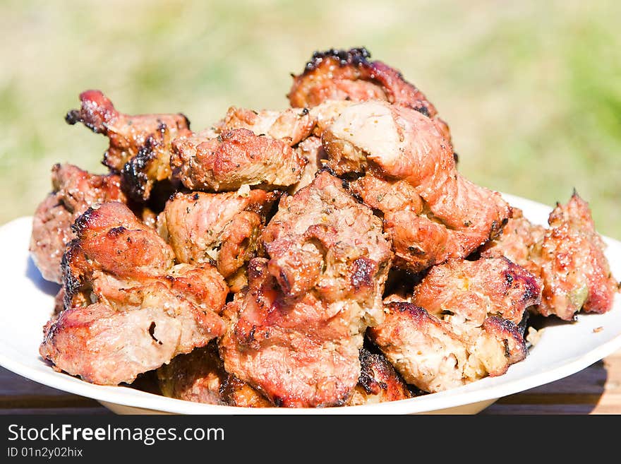 Shish kebab preparation on a brazier. Outdoor picnic.