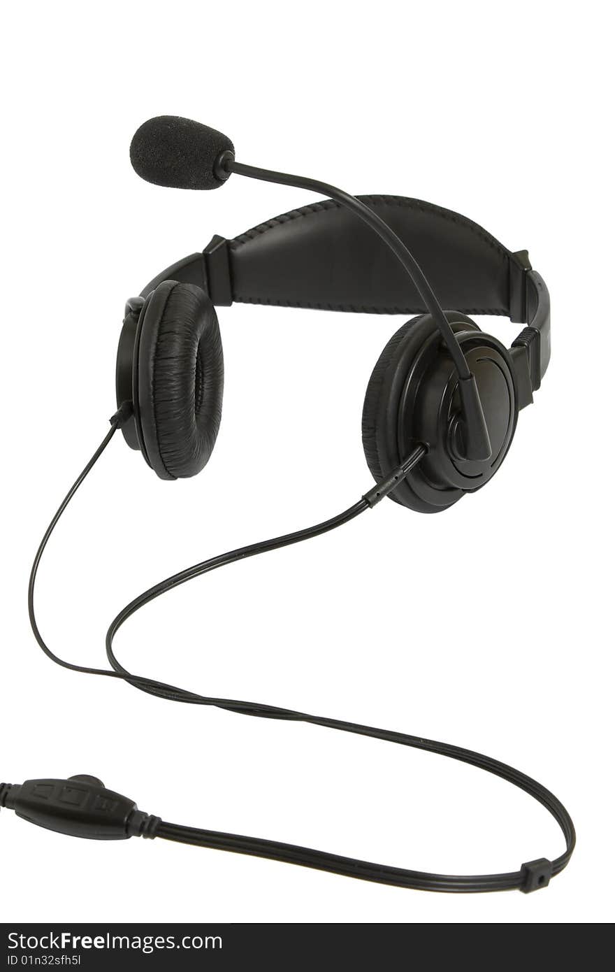 Black headphone with microphone on white background