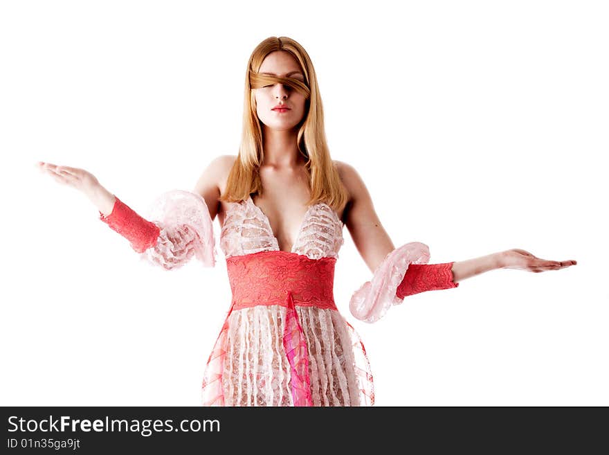 Portrait of a beautiful woman blinded by her own hair in a weighing pose. Portrait of a beautiful woman blinded by her own hair in a weighing pose