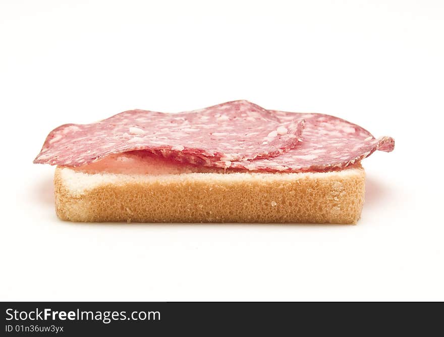 Bread with salami photography studio with white background