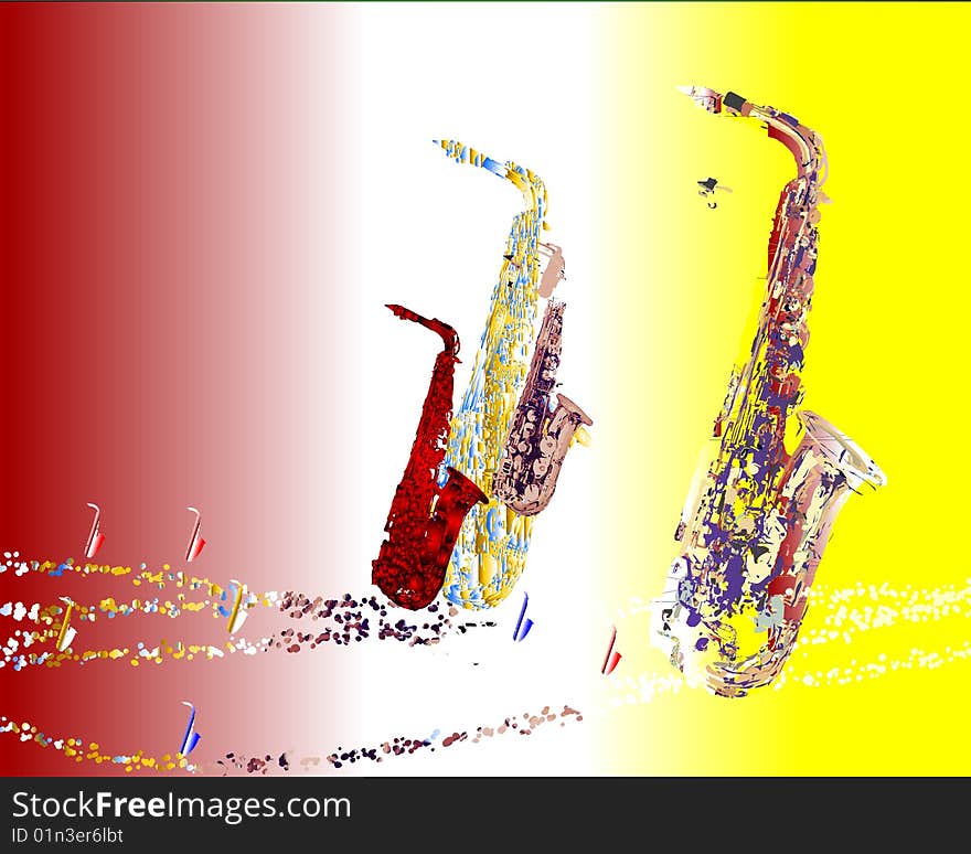 Uniquely distinct abstract saxophones migrating across a wave of small saxophones and dreamy particles. Uniquely distinct abstract saxophones migrating across a wave of small saxophones and dreamy particles