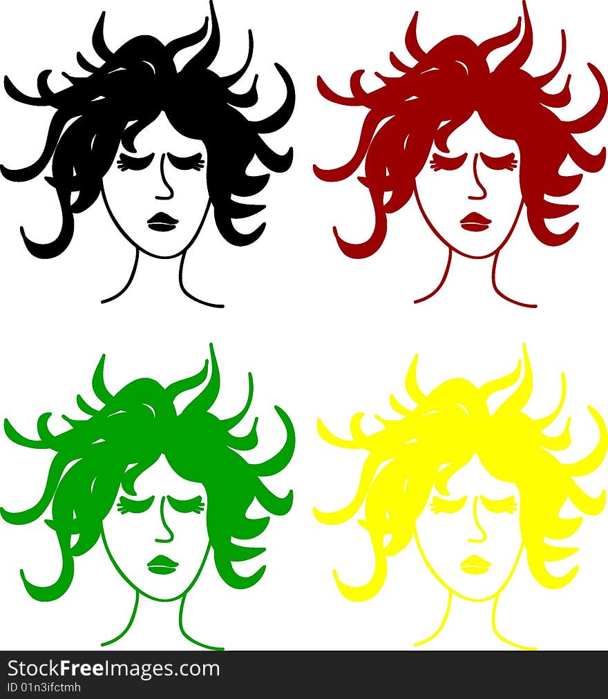 Vector illustration. 4 heads (black, red, green, yellow). Vector illustration. 4 heads (black, red, green, yellow)