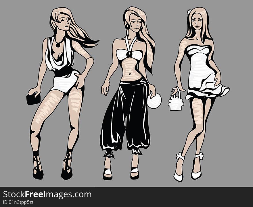 The sketch of a summer female fashion. Linear drawing