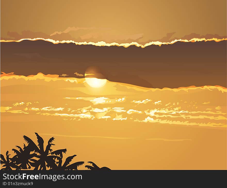 Beautiful sunset on tropical beach with palm silhouettes. Made only with simple gradients.