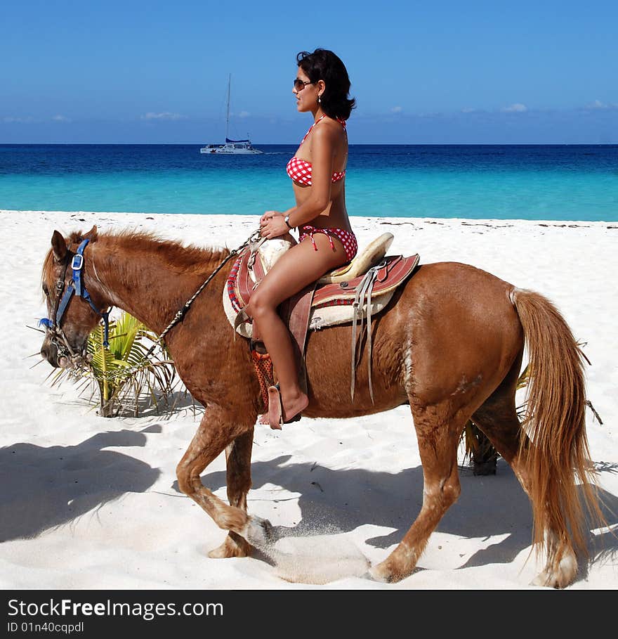 The girl having a fun on a horseback on Cozumel island beach, Mexico. The girl having a fun on a horseback on Cozumel island beach, Mexico.