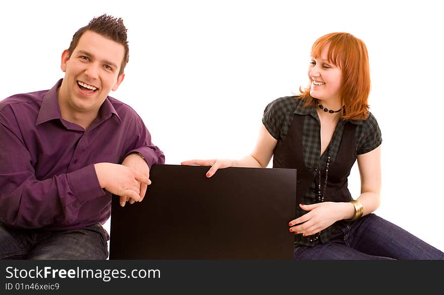 Couple with banner on white background