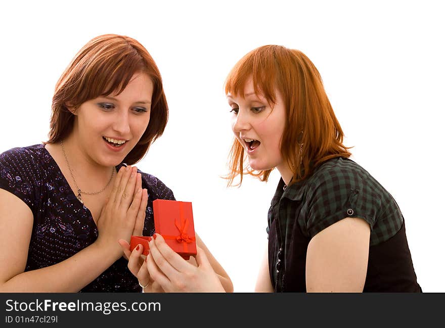 Friends with present on white background