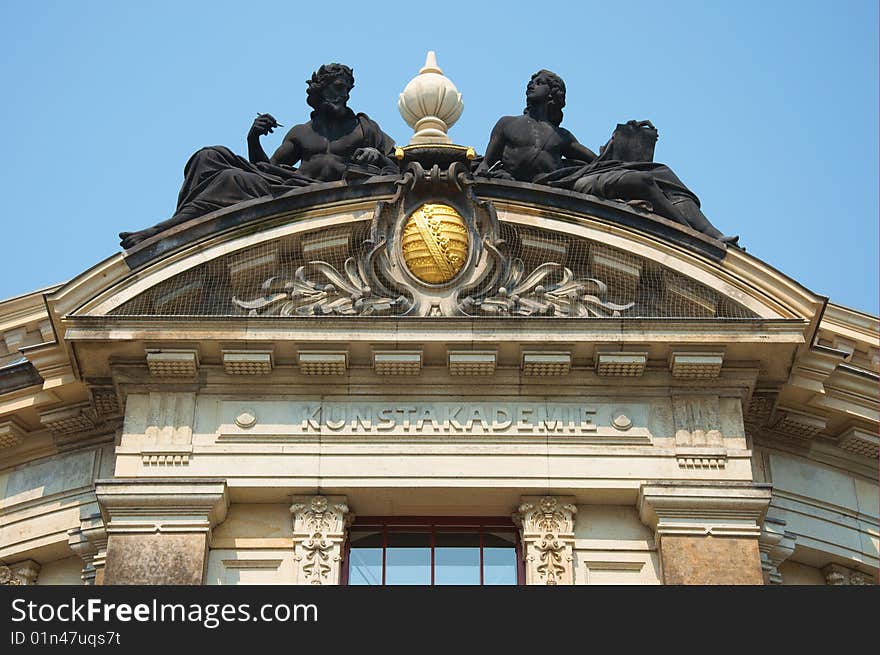 Detail of gable of Kunstakademie in Dresden. Detail of gable of Kunstakademie in Dresden