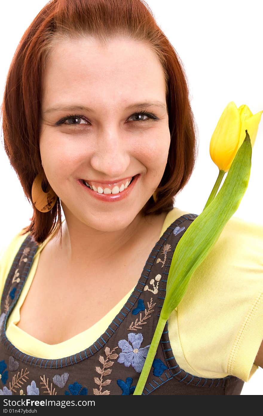 Woman with flowers on white background