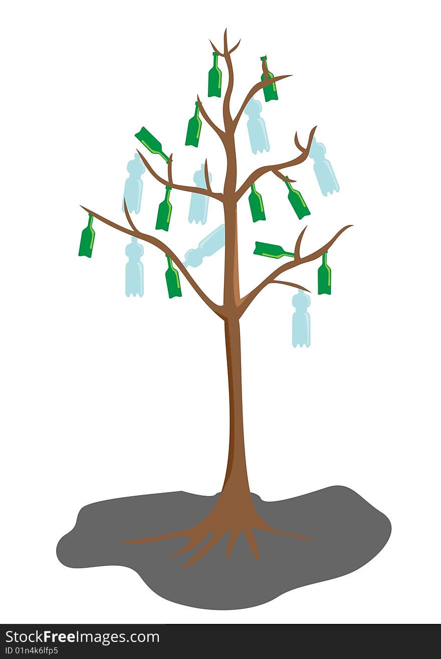 Tree with bottle leaves, pollution ecology concept