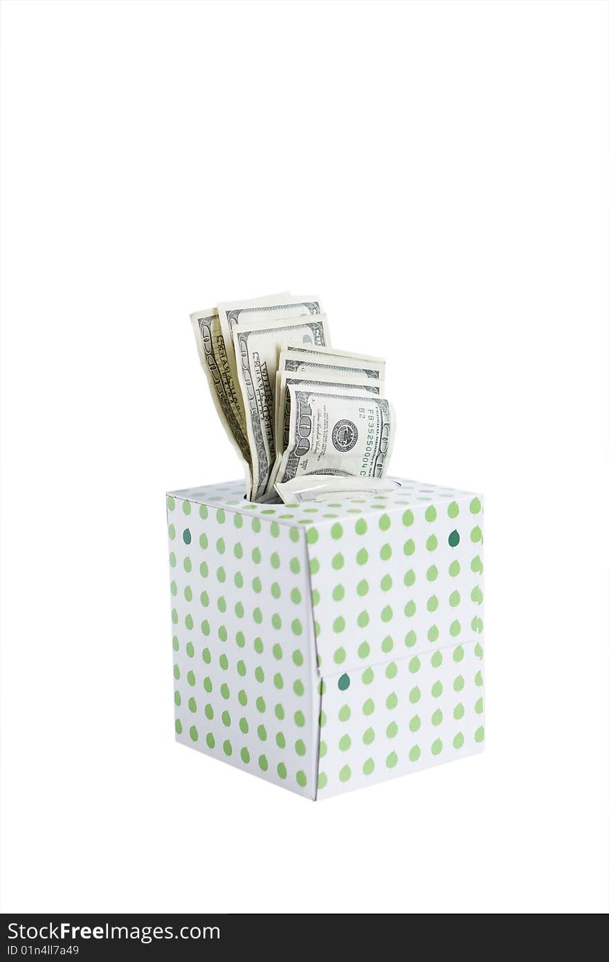 One hundred dollar bills in tissue box. One hundred dollar bills in tissue box