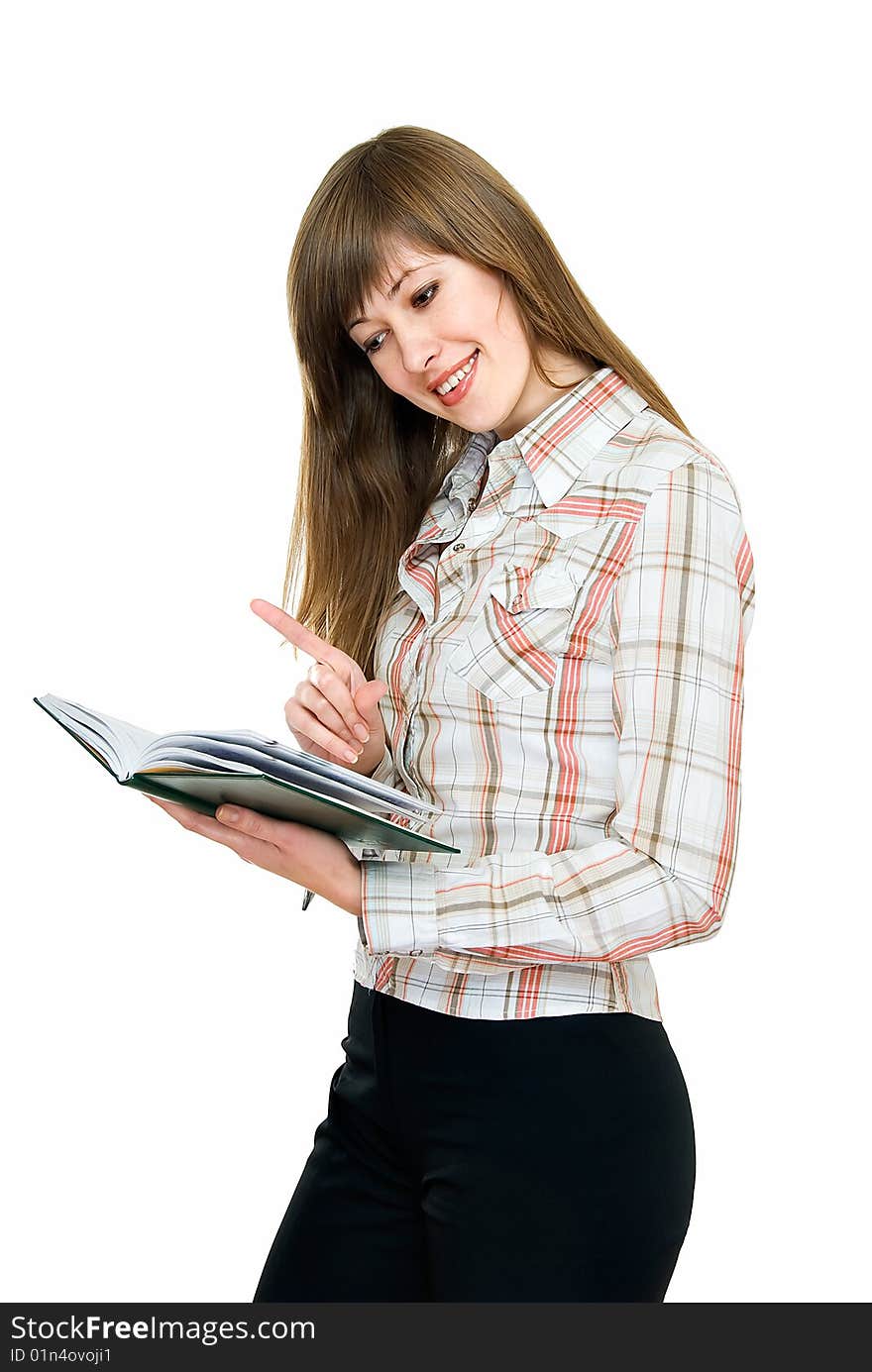 Young pretty woman with diary on white background. Young pretty woman with diary on white background