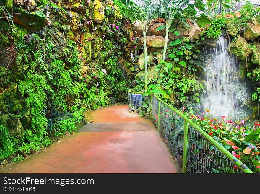 Botanic garden, waterfall and artificial lake. Botanic garden, waterfall and artificial lake.