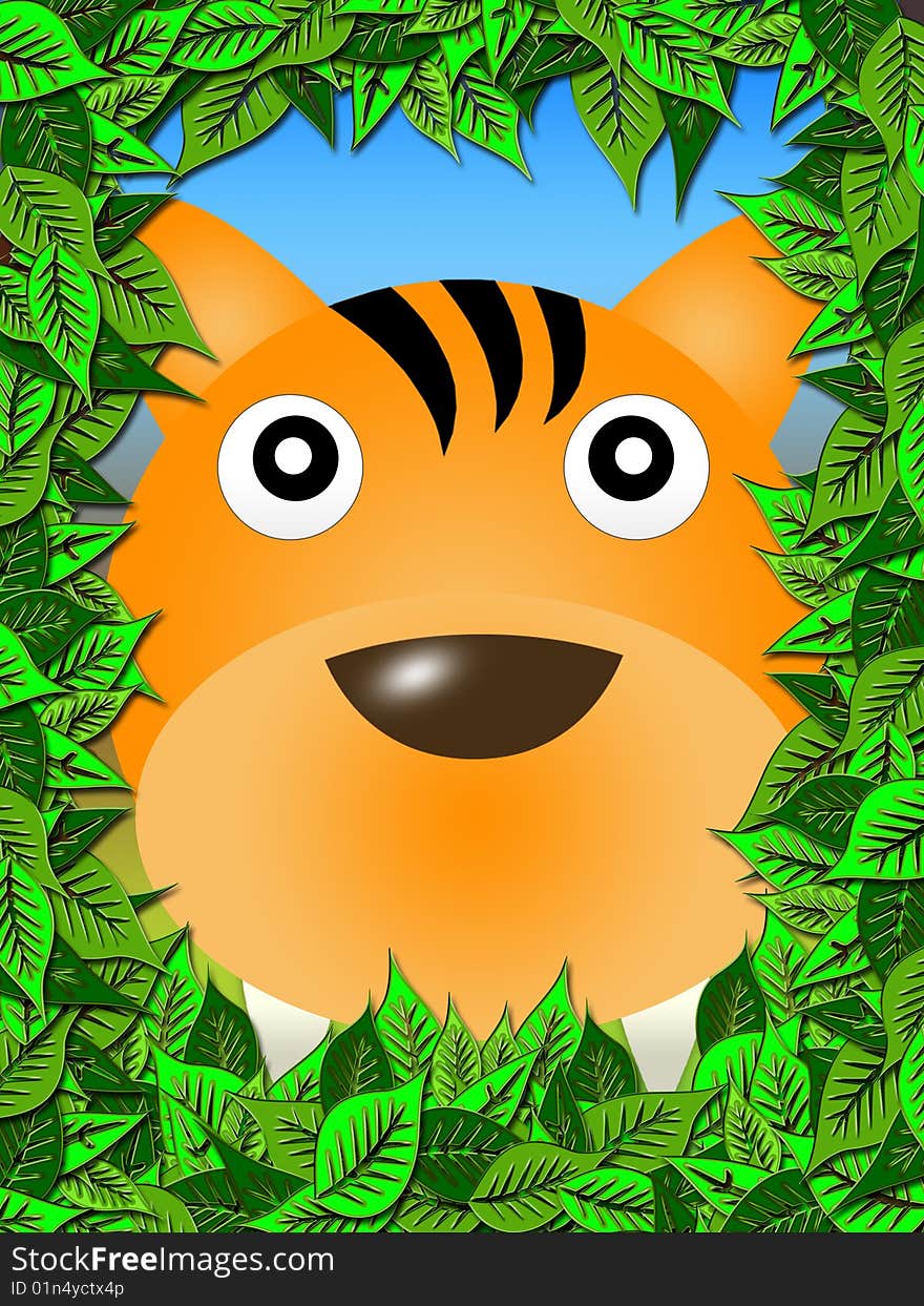 Tiger framed portrait of the leaves. cartoon style illustration. Tiger framed portrait of the leaves. cartoon style illustration