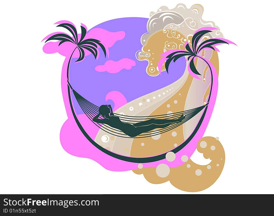 Vector illustration of beautifull young woman on the beach, resting in the hammock. Vector illustration of beautifull young woman on the beach, resting in the hammock.