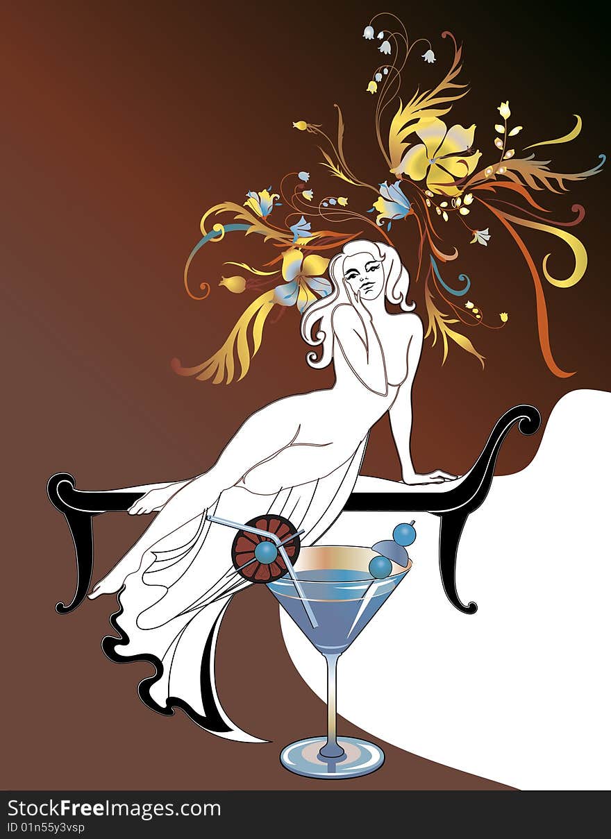 Vector Illuctration of Abstract beautiful girl silhoette, holding the cocktail with flowers in hair