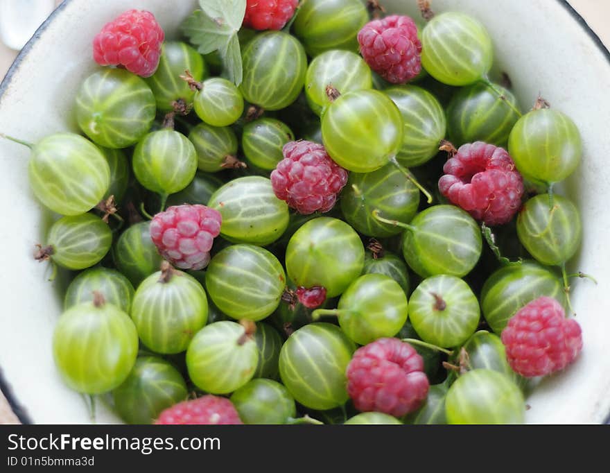 Gooseberry and raspberry on white plate  as background