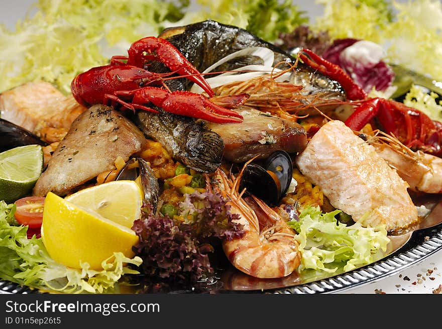 Grillplate from various fish and vegetable. Grillplate from various fish and vegetable