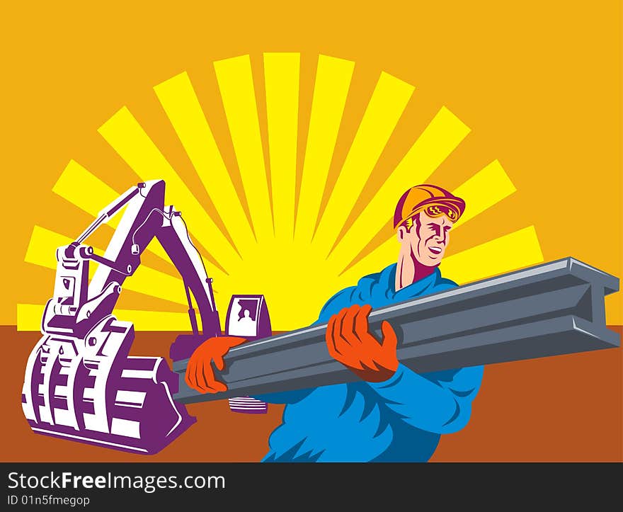 Vector illustration of a Construction worker and mechanical digger with sunburst in the background. Vector illustration of a Construction worker and mechanical digger with sunburst in the background