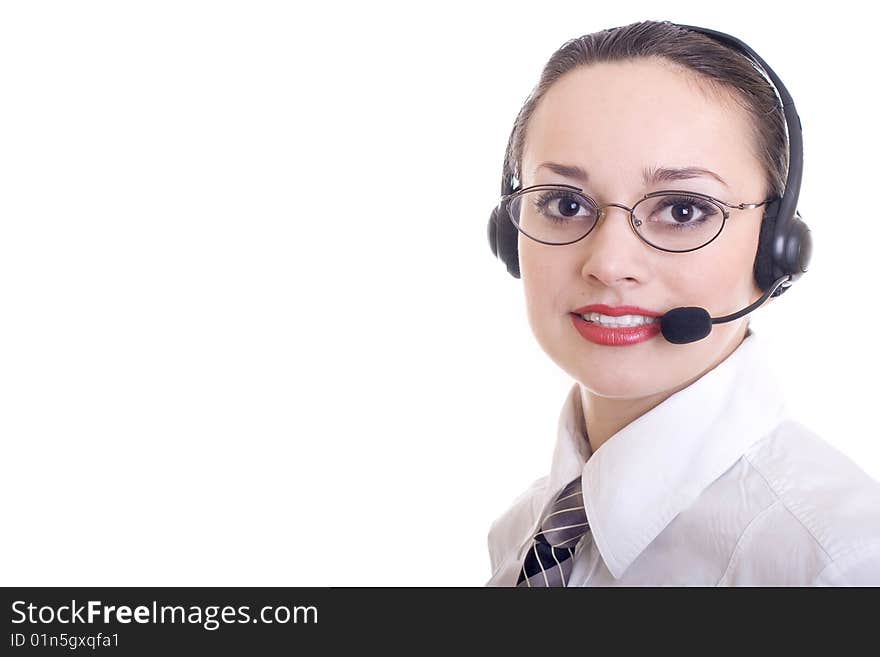 Closeup of young woman against telephone. Closeup of young woman against telephone