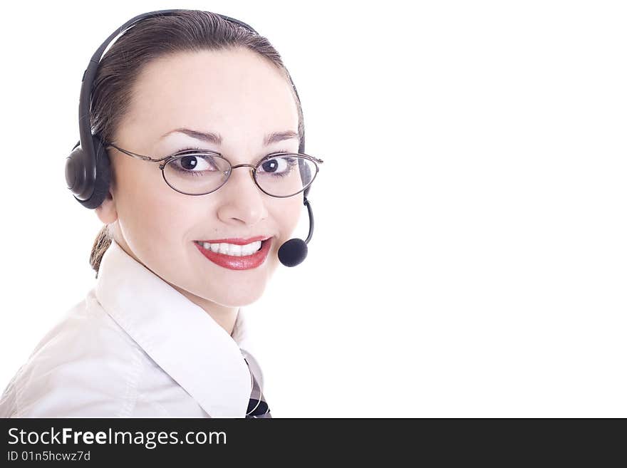 Closeup of young woman against call operator. Closeup of young woman against call operator