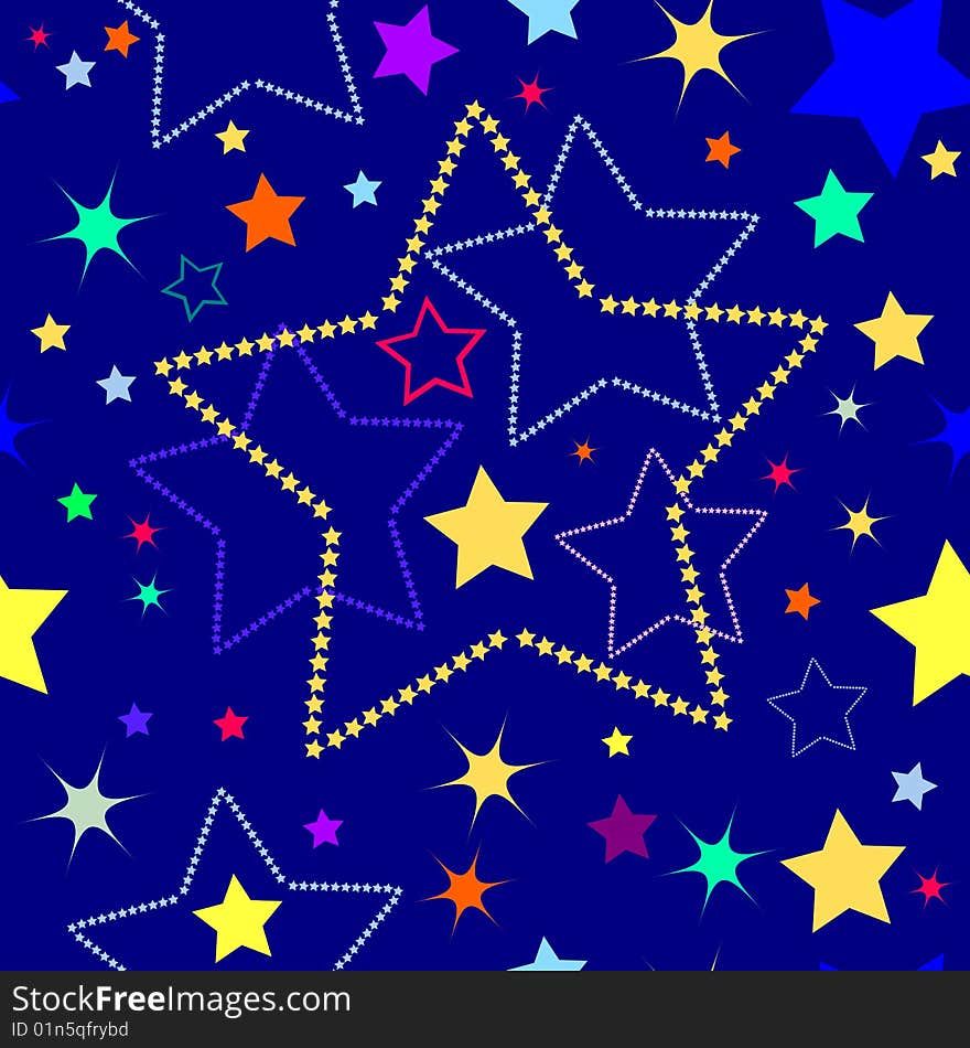 Dark blue seamless background with blue, pink, green and yellow stars (vector). Dark blue seamless background with blue, pink, green and yellow stars (vector)