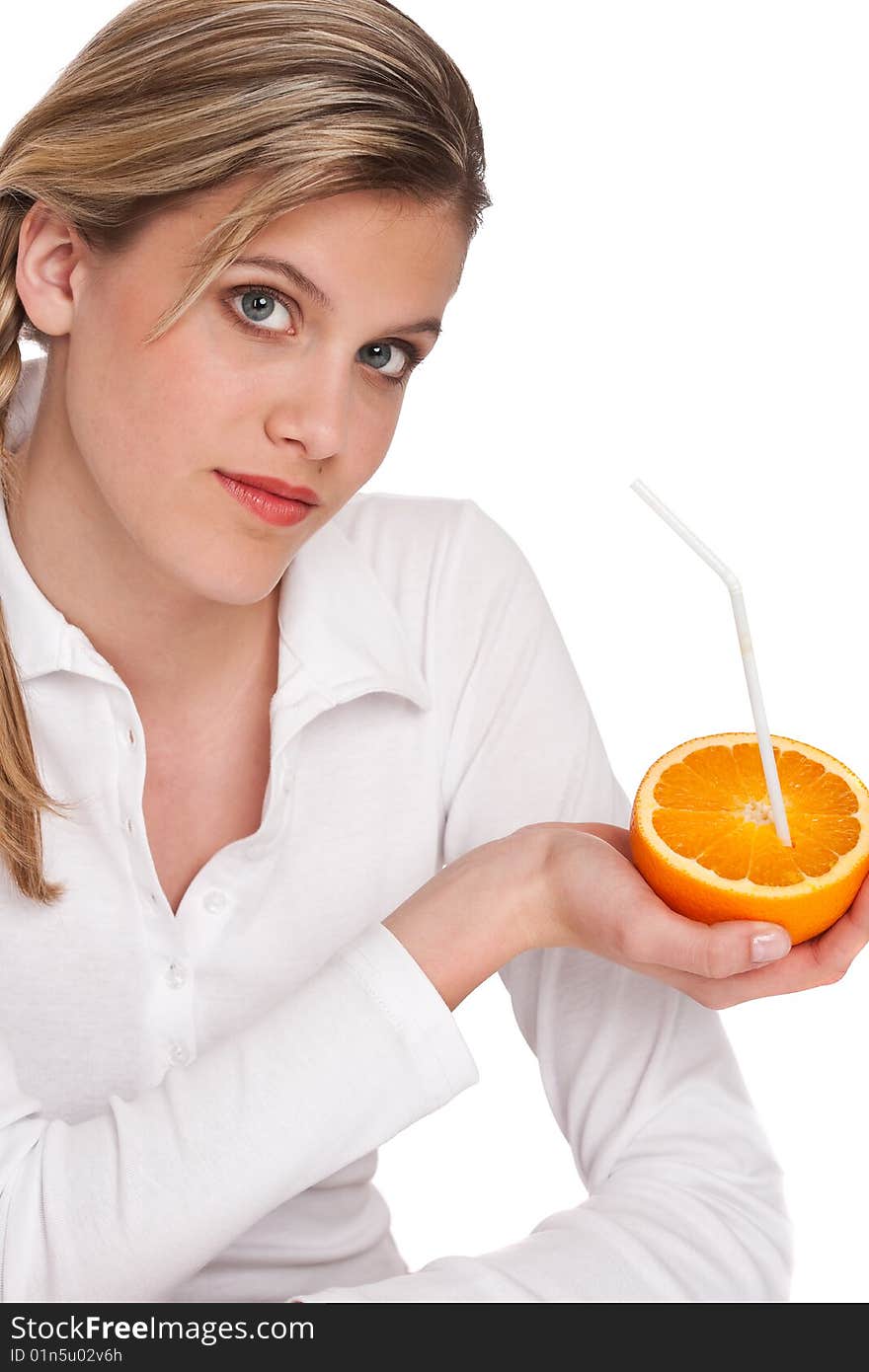 Woman showing orange on white background. Woman showing orange on white background