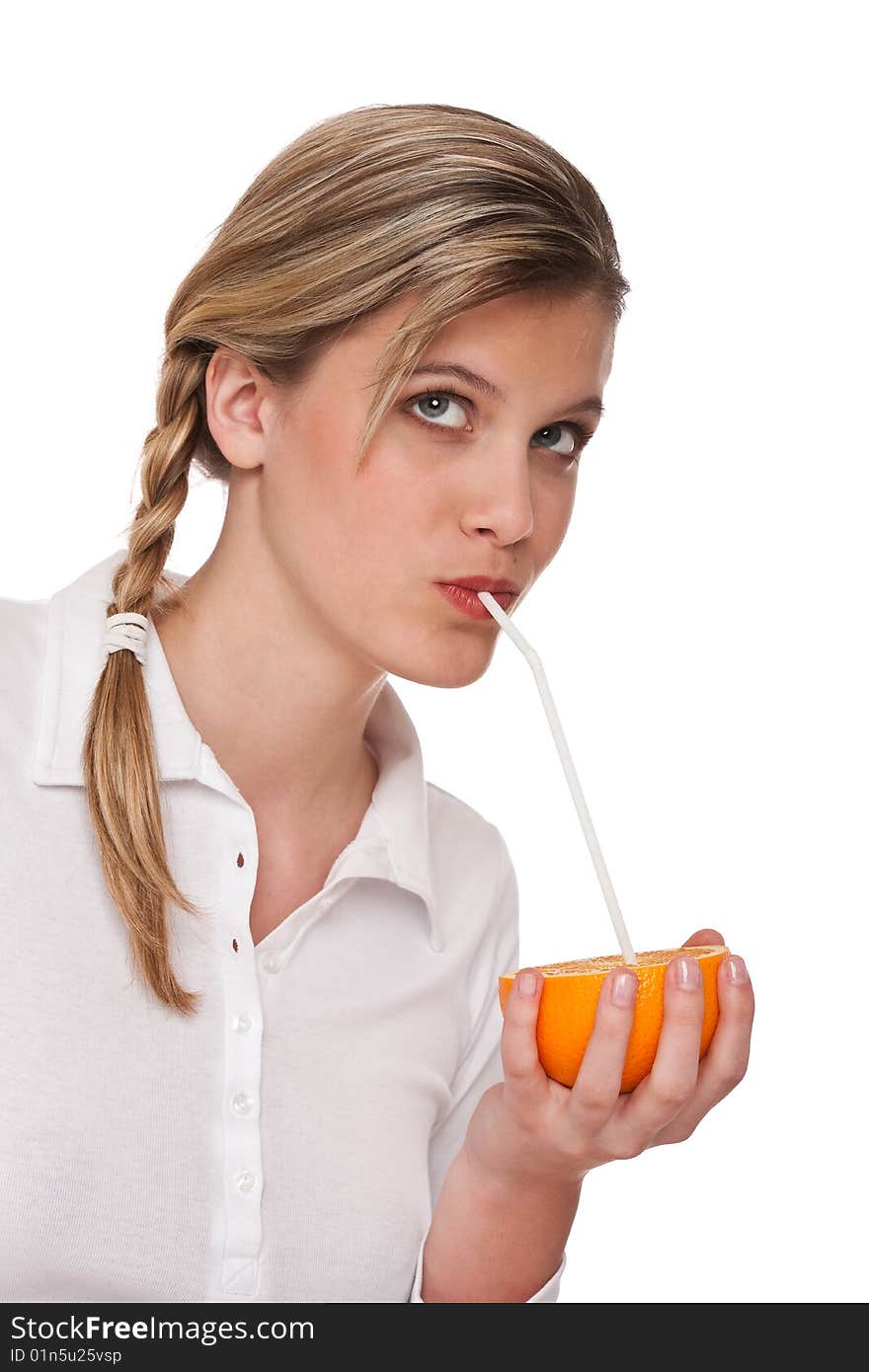 Woman drinking orange on white background. Woman drinking orange on white background