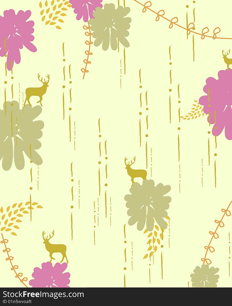 Wildlife background with reindeer and purple floral. Wildlife background with reindeer and purple floral