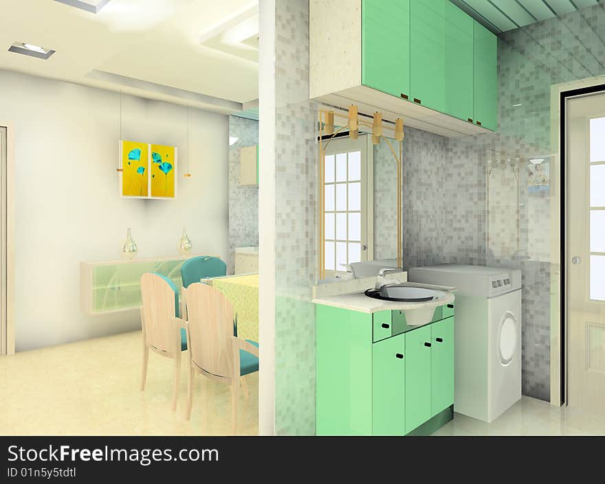 A faddish kitchen and washing room. A faddish kitchen and washing room