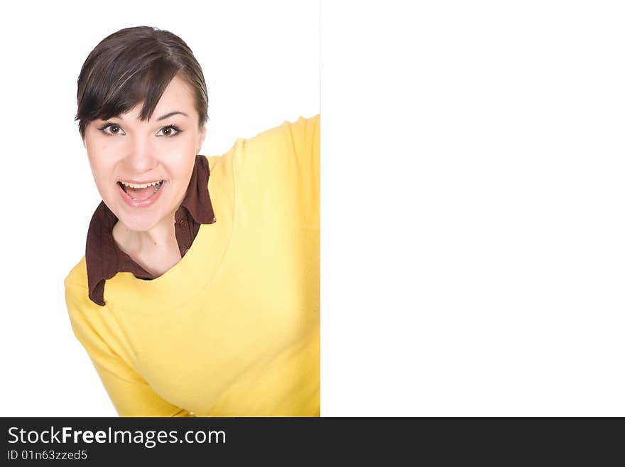 Happy brunette woman holding banner. Happy brunette woman holding banner