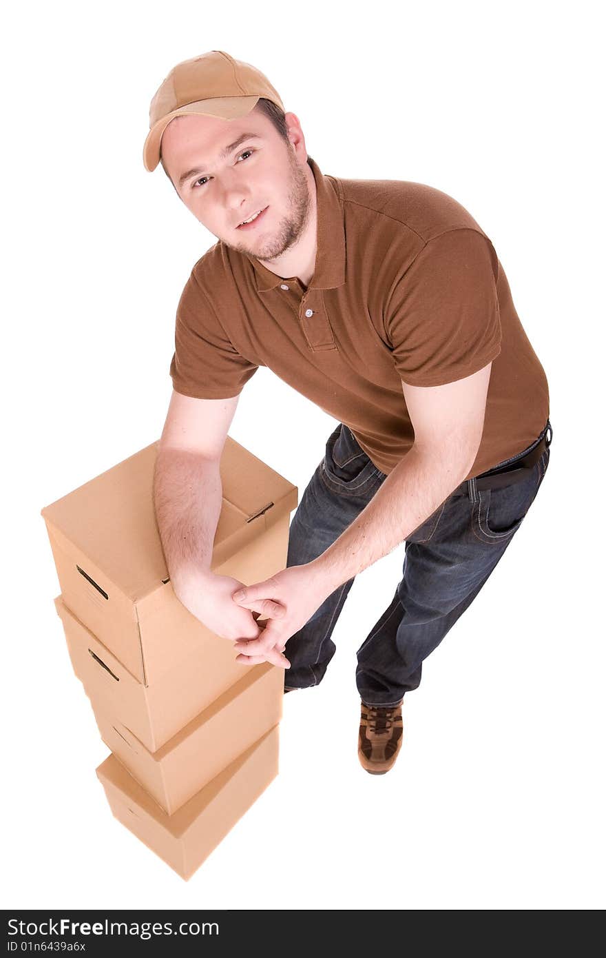 Delivery man with package. over white background