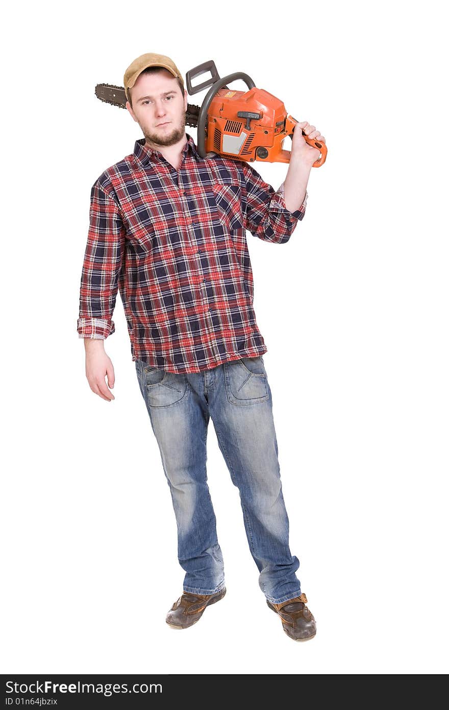 Happy woodcutter with saw. over white background