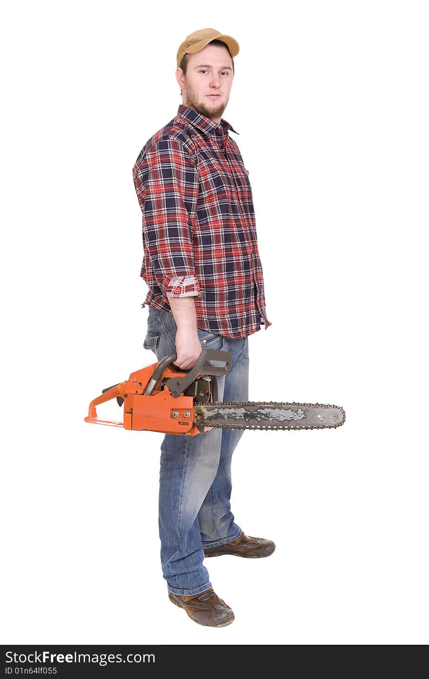 Happy woodcutter with saw. over white background