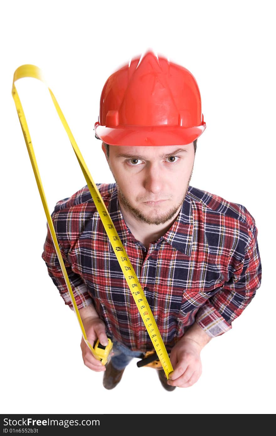 Worker with tools over white background