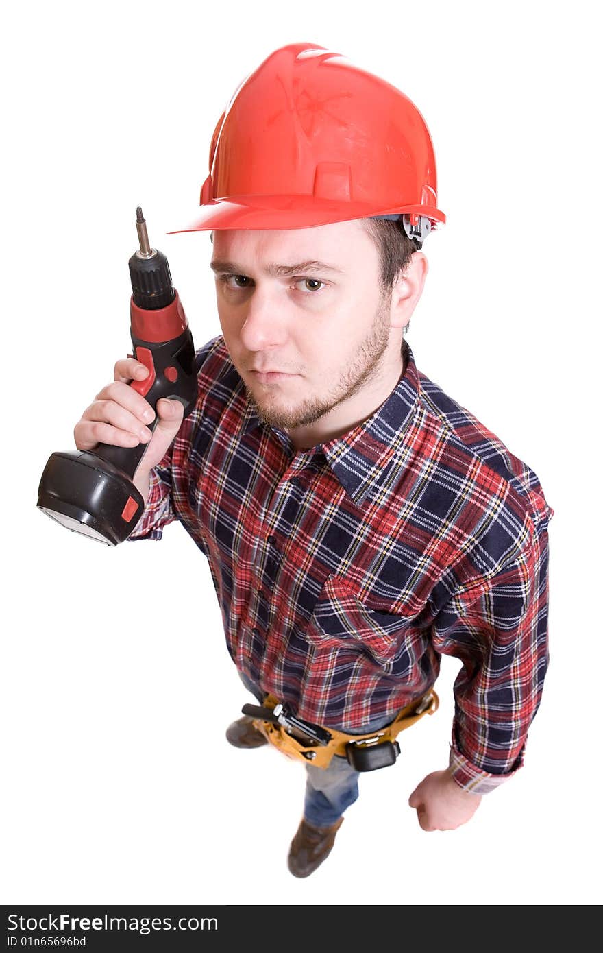 Worker with tools over white background