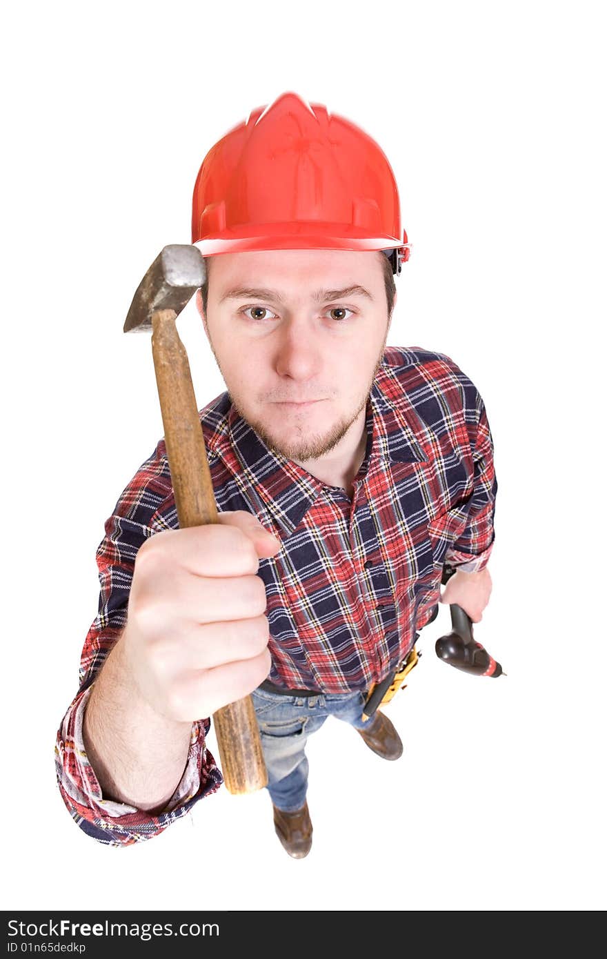 Worker with tools over white background