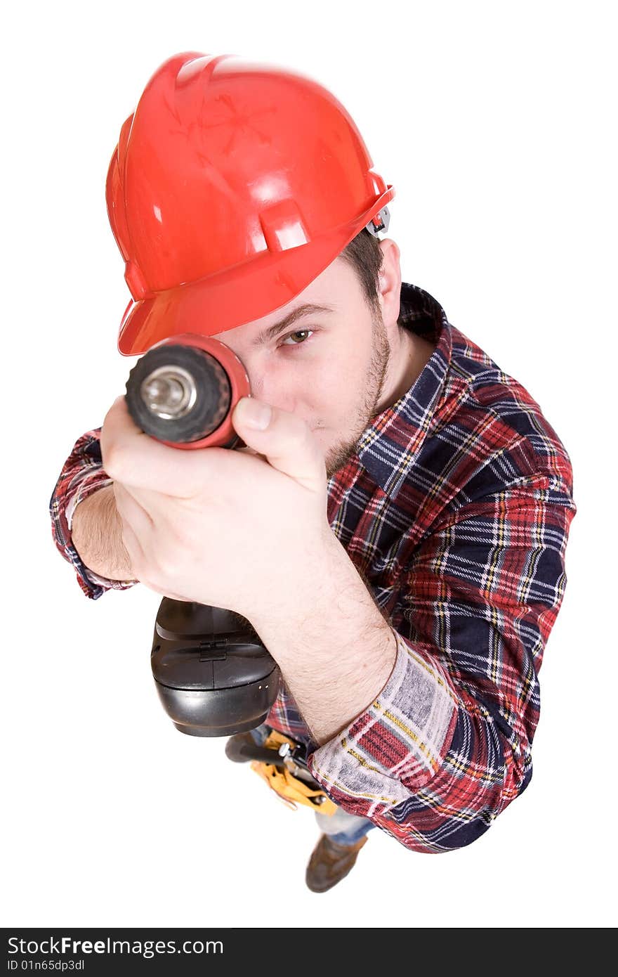 Worker with tools over white background