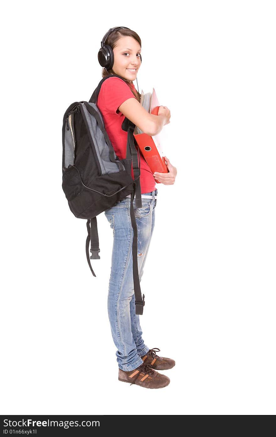 Pretty teenage ready to school . over white background. Pretty teenage ready to school . over white background