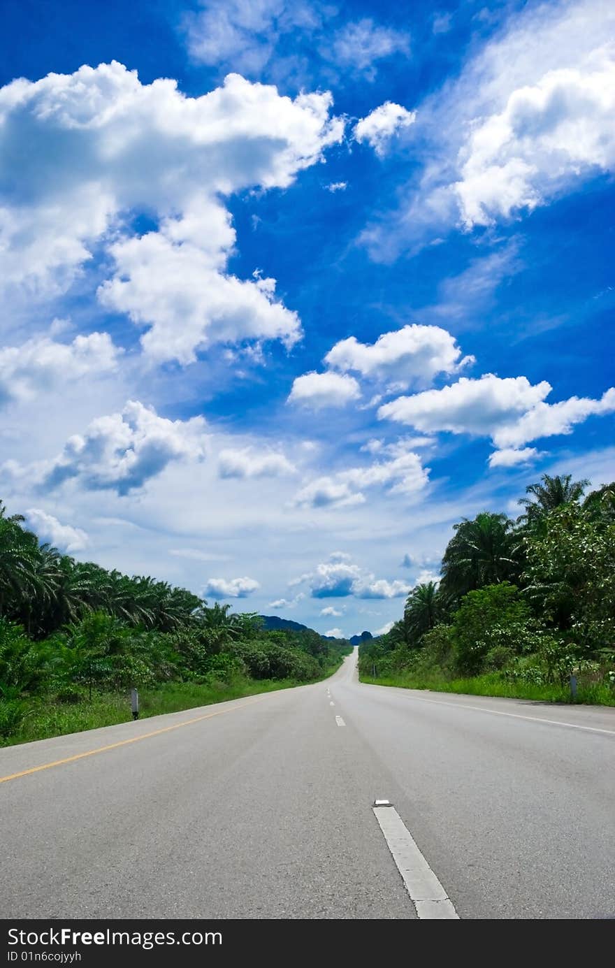 An empty stretch of highway in a tropical country on a bright sunny day. An empty stretch of highway in a tropical country on a bright sunny day