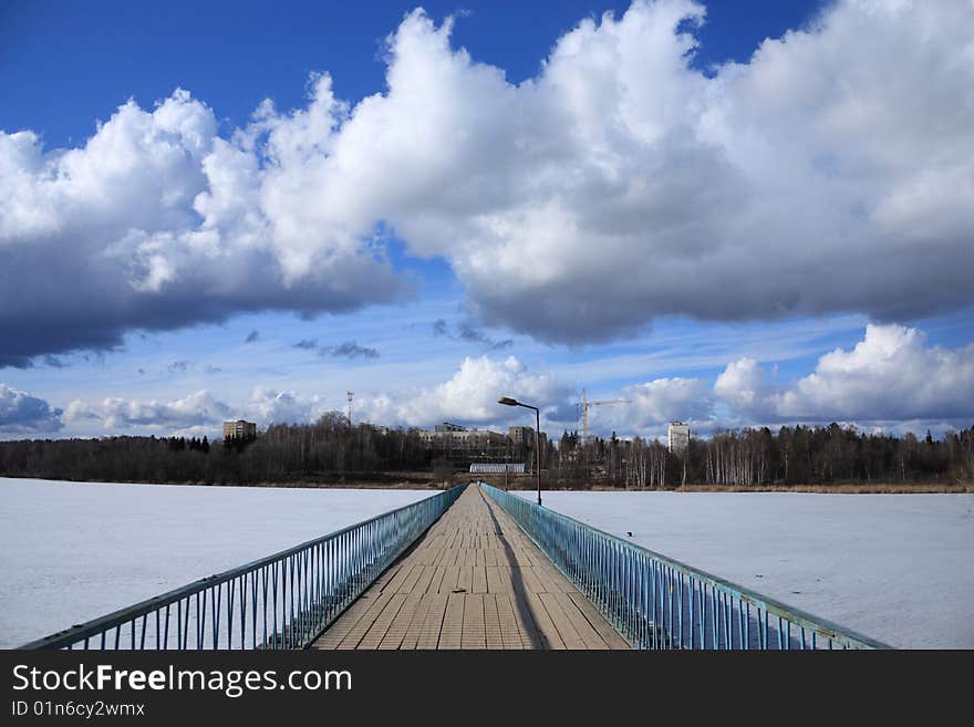 Russia. Bridge through the bay of lake of Senezh in town Solnechnogorsk. Russia. Bridge through the bay of lake of Senezh in town Solnechnogorsk