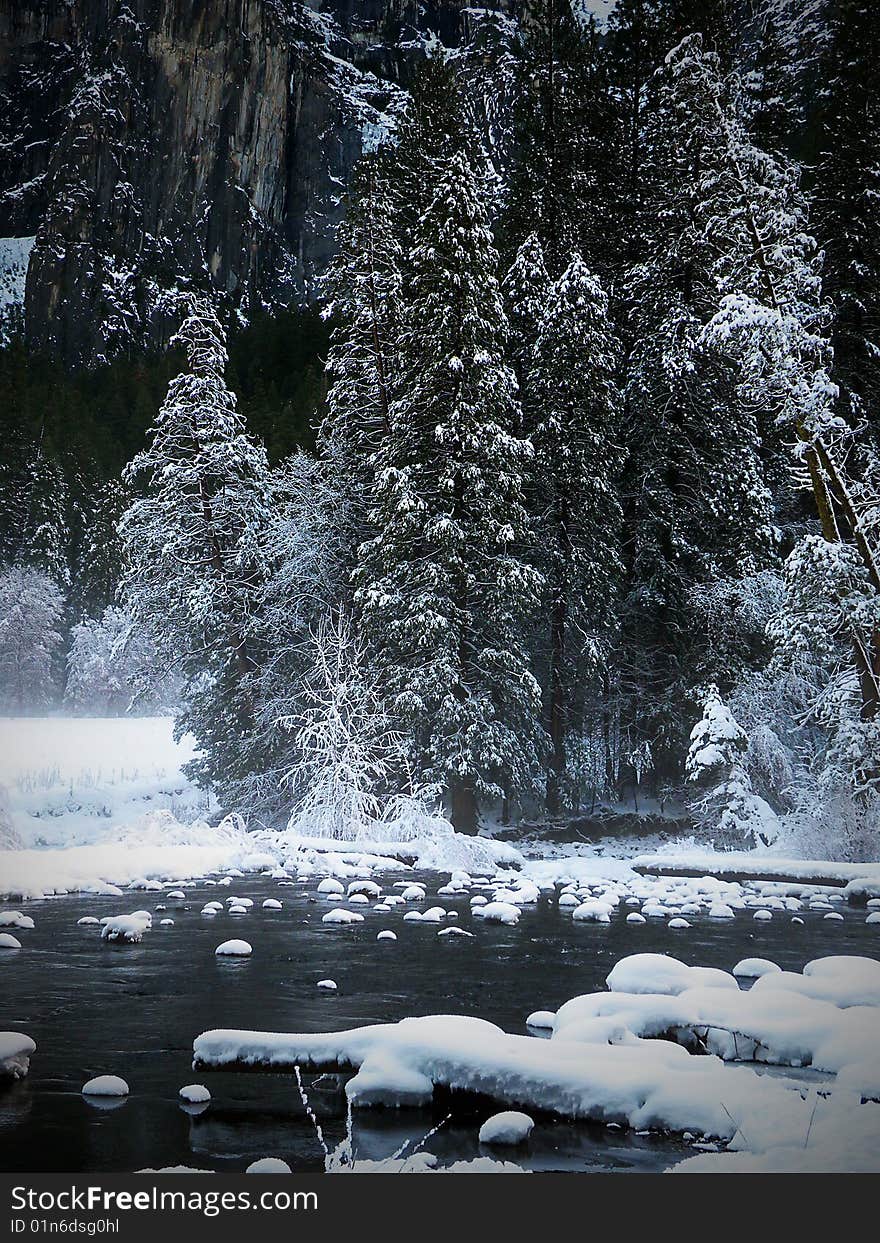 December shot of the Merced River with Mist in Yosemite. December shot of the Merced River with Mist in Yosemite