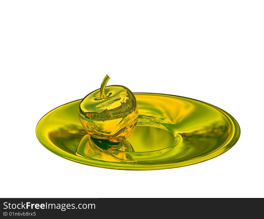 Golden apple on a plate on a white background. Golden apple on a plate on a white background