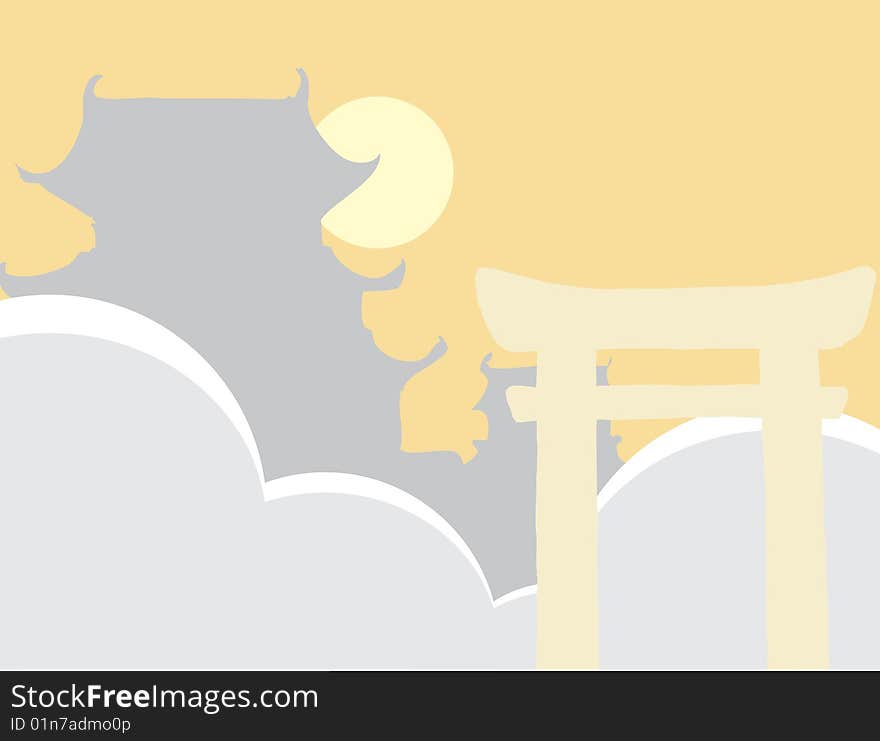 Silhouettes of japanese tori gate and castle with clouds and s. Silhouettes of japanese tori gate and castle with clouds and s