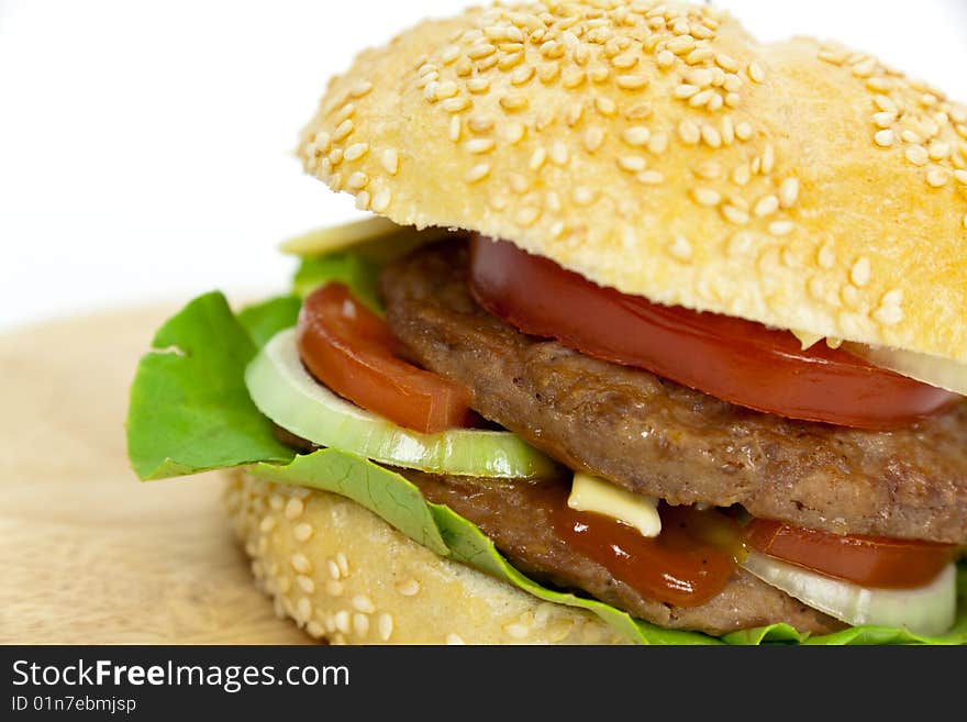 Hamburger with lettuce,cheddar,tomato