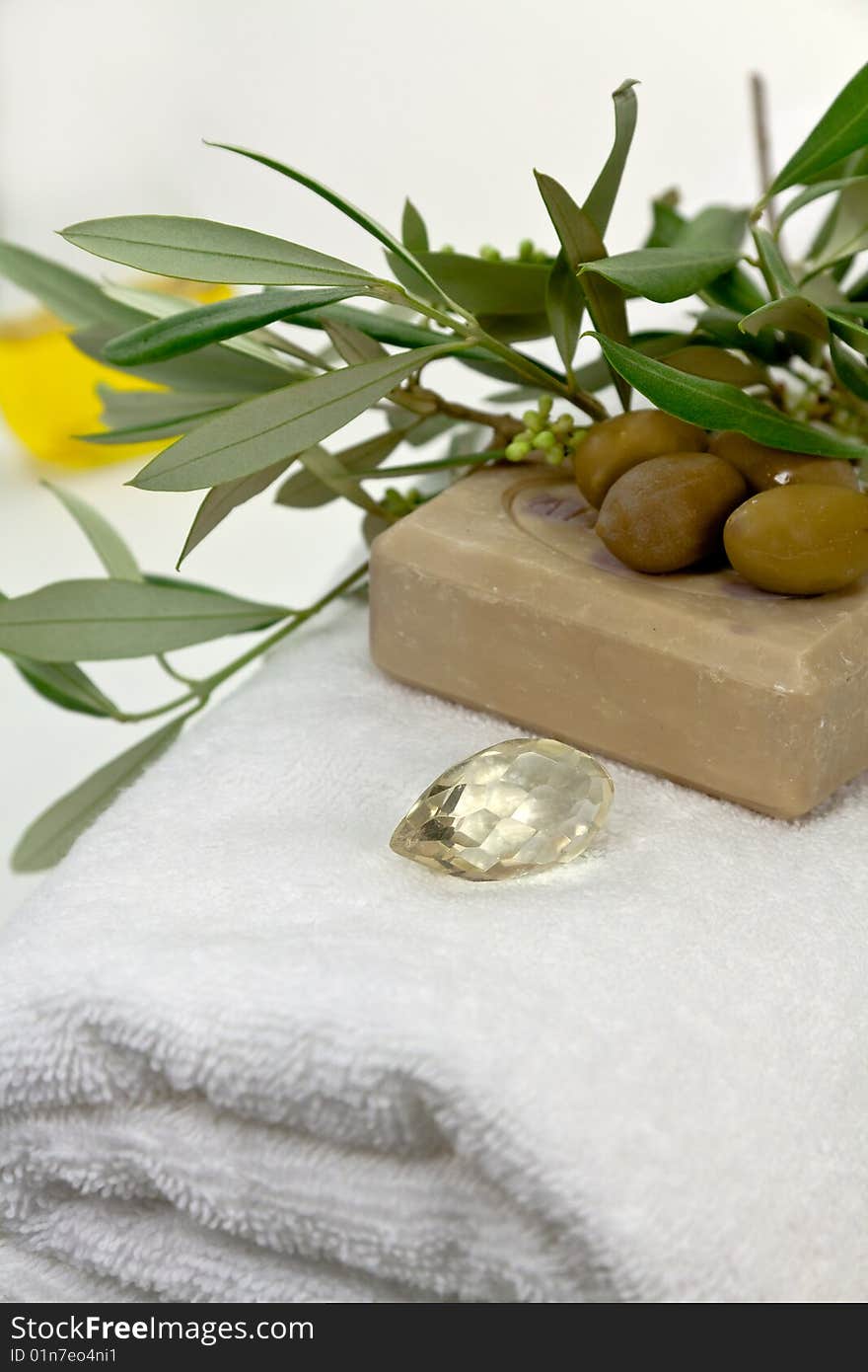 Olive bath items isolated on the white. wellness p