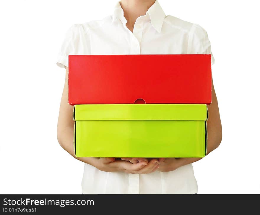 Girl with two boxes isolated over white