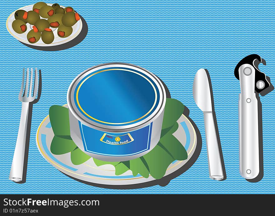 Vector illustration of a can on a table with olives and facilities