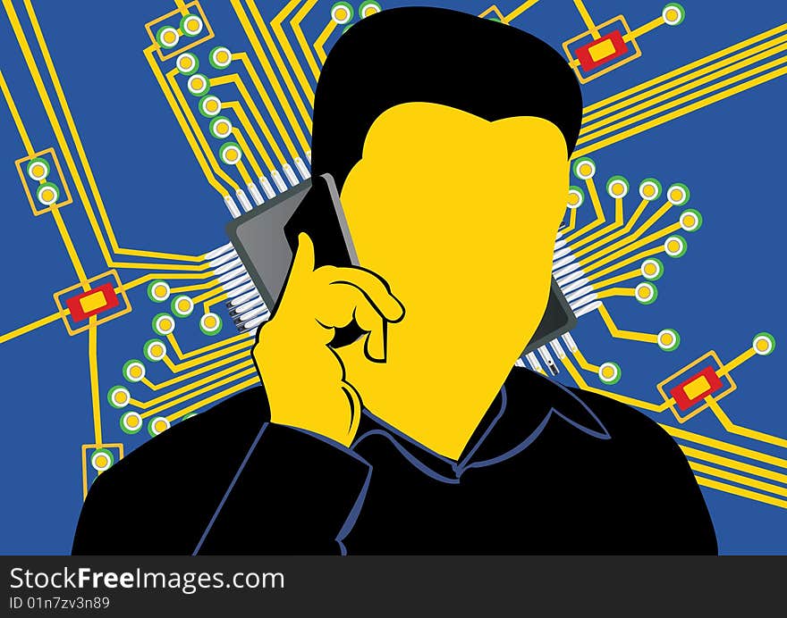 Vector illustration of a man talking on a cellphone with printed circuit board on background. Vector illustration of a man talking on a cellphone with printed circuit board on background