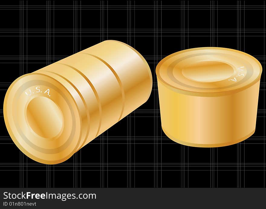 Vector illustration of two golden cans isolated on black background with gray stripes. Vector illustration of two golden cans isolated on black background with gray stripes